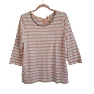 Chicos Womens 3/4 Sleeve Beaded Stripe Nautical Top Sz L Pink Tie Neck Casual